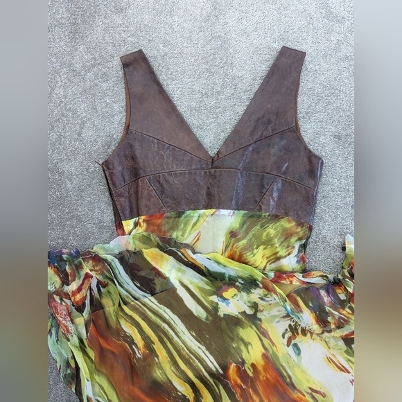 DANIER leather silk V-neck maxi brown orange mermaid V-neck dress size 12 - Picture 3 of 15